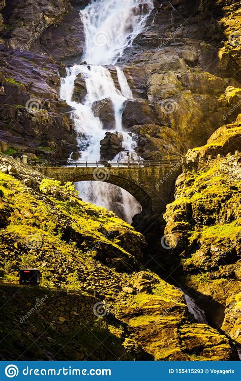Photo about the waterfall on trollstigen, the fantastic road in norway. Trollstigen Road, Waterfall And Bridge, Norway Stock Image ...