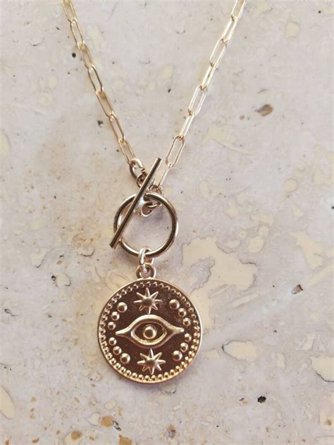 Delicate Dainty K Gold Toggle Necklace With Evil Eye Charm Etsy