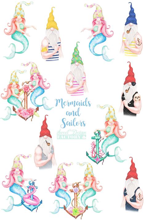 Summer gnome watercolor clipart, mermaid gnome clipart, sailor gnome clipart, nautical clipart ...
