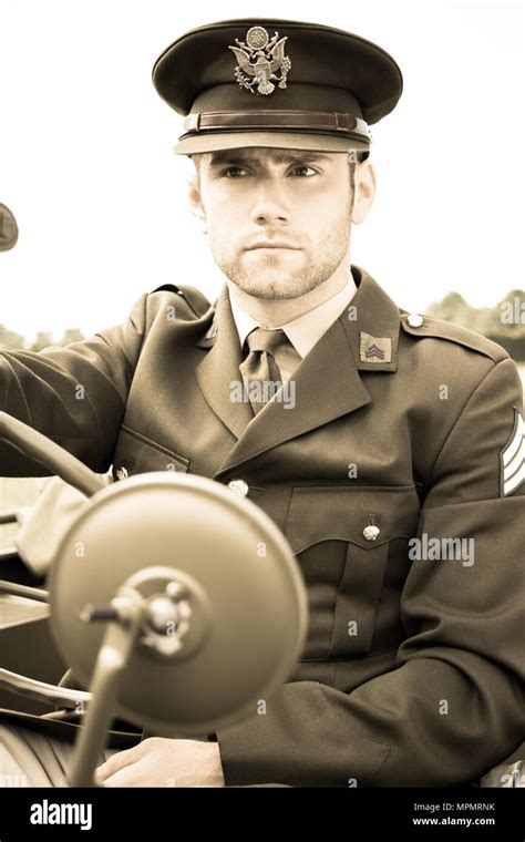 Handsome American Wwii Gi Army Officer In Uniform Riding Willy Jeep