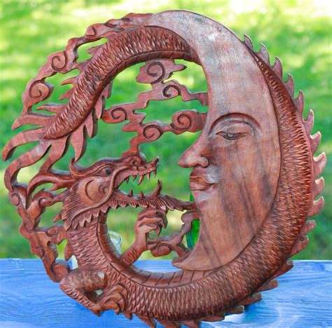 Dragon And Crescent Moon Hand Carved Balinese Wood Wall Art Panel Wood