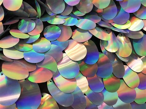 Iridescent Sequins Hologram Fabric Silver Oval Teardrops 58 Inch