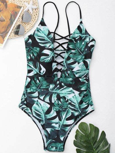 Leaf Print Lace Up Swimsuit Green Leaf Print Swimsuit Women S One