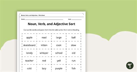 Noun Verb And Adjective Sort Worksheet Teach Starter