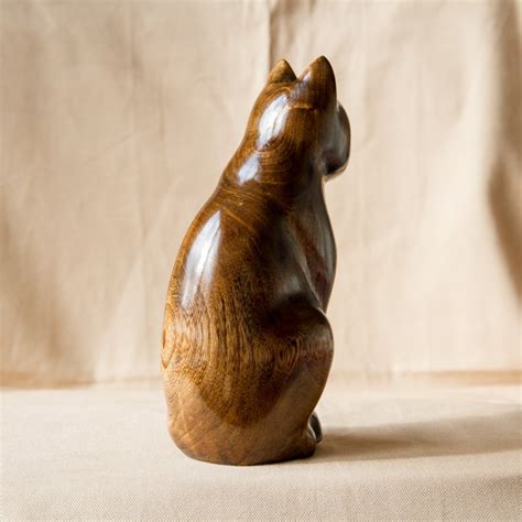 Wooden Cat Statue Wooden Cat Figurine Wood Carving Hand Etsy