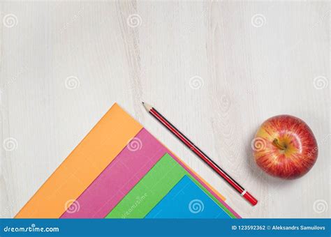 School Notebooks With Pencil And Apple Stock Photo Image Of Concept