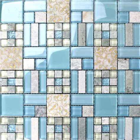 Backsplash Tiles Kitchen Blue Glass And Stone Blend Mosaic Natural Marble