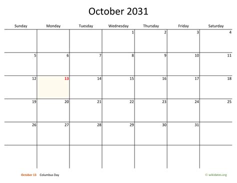 October 2031 Calendar With Bigger Boxes
