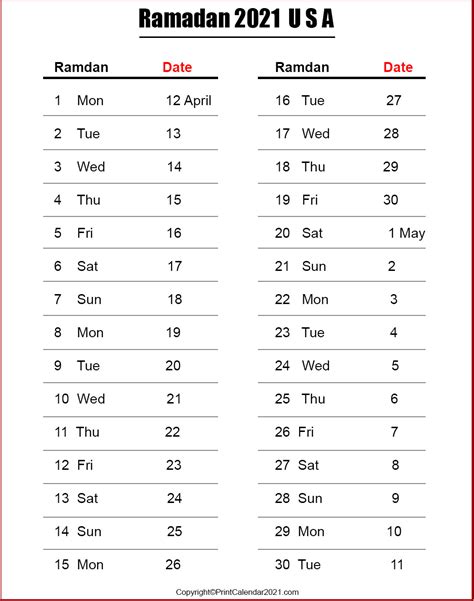 Hieronder staan de data voor o.a. Ramadan 2021 Calendar Muslim Festival | January 2021