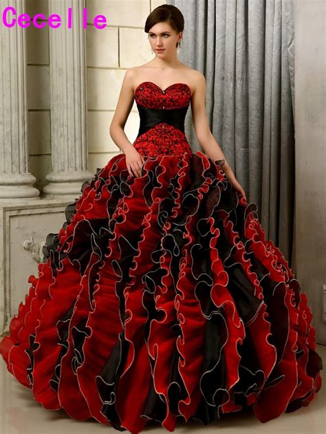 2017 Black And Red Gothic Wedding Dresses Ball Gown Colorful Sweetheart Embroidery Beaded