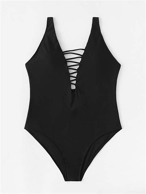 Plus Strappy V Plunge Swimsuit Sheinsheinside Plunging One Piece