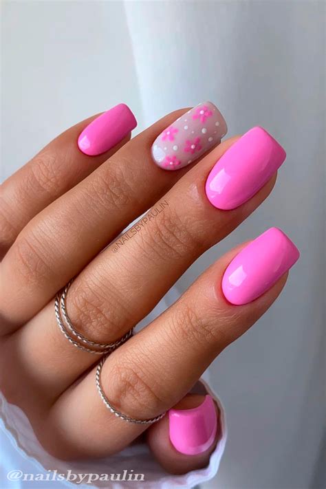 Short Hot Pink Nails With Accent Floral Nail Art Short Pink Nails