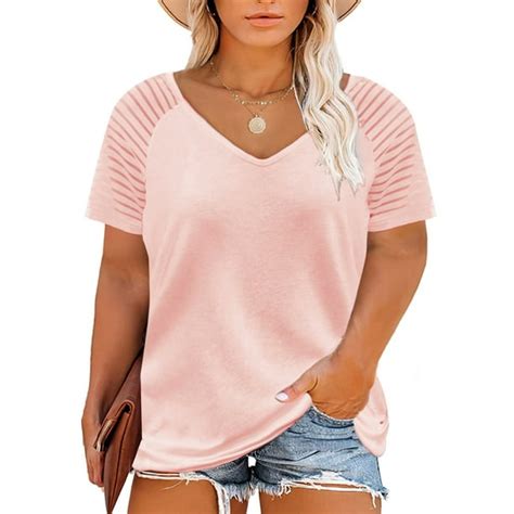 Evaless Womens Summer Plus Size Tunic Tops V Neck Mesh Patchwork Short Sleeve Casual Loose T