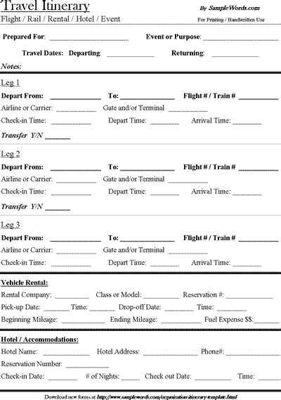 Travel Itinerary Template Download Microsoft Word Document