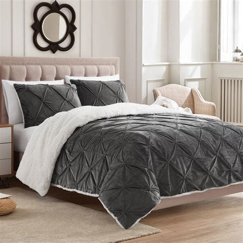 Sweet Home Collection 3 Piece Pintuck Sherpa Comforter Set Gray Queen