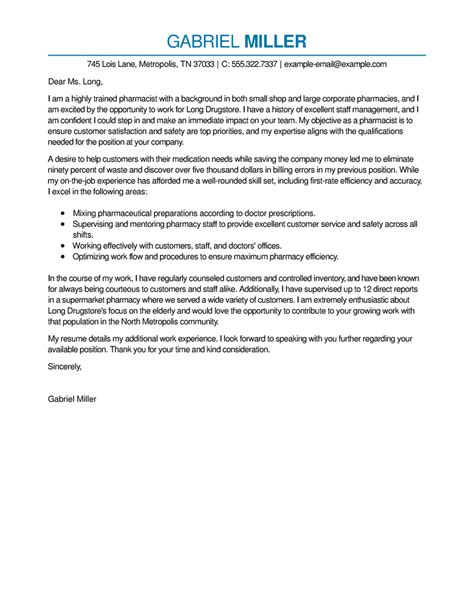 Outstanding Pharmacist Cover Letter Examples And Templates From Our