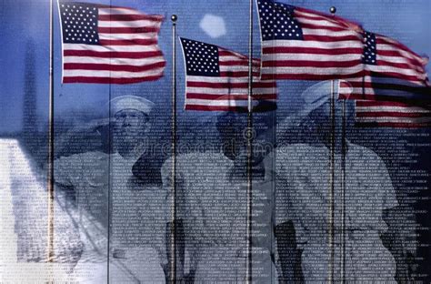 Digital Composite American Flags And Reflection Of Sailors Saluting