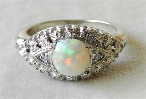 Opal Engagement Ring 14k White Gold Navette Art Deco Opal