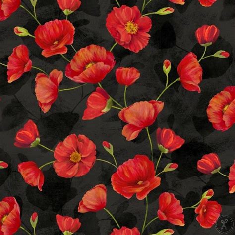 Poppy Celebration Trailing Poppies Black Quilting Fabric Fabric