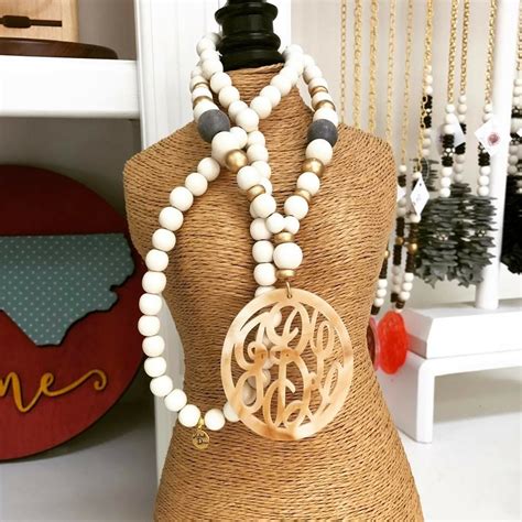 acrylic monogram pendant necklace  wood beads sassy