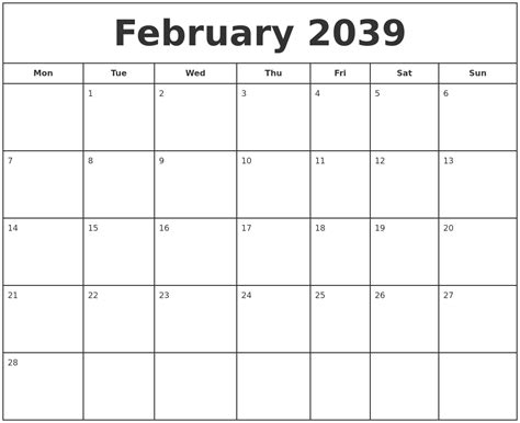 February 2039 Print Free Calendar