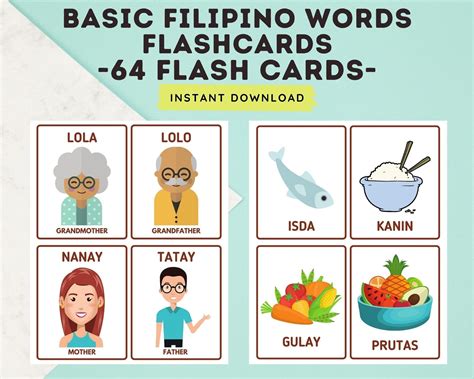 Basic Filipino Words Cards Flashcards Tagalog Flashcards With