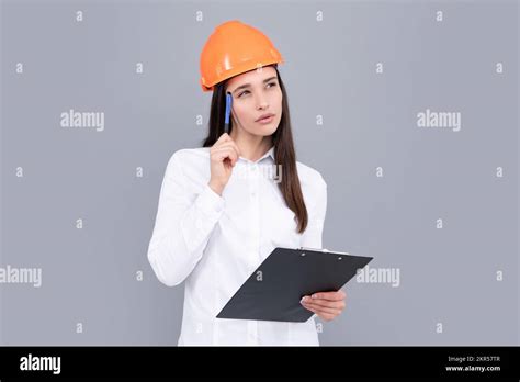 Thinking Architect Worker Female Constructor Engineer Young Beautiful