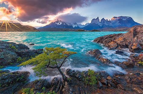 Hd Wallpaper Green Tree Sunset Mountains Lake Chile Patagonia