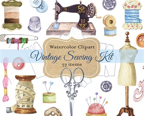 Watercolor Vintage Sewing Kit Clipart Embroidery Sewing Clip Etsy