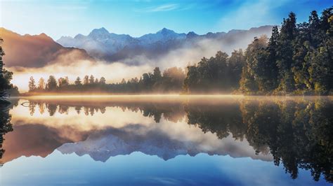 Nature Landscape Lake Mist Forest Mountains Water Reflection