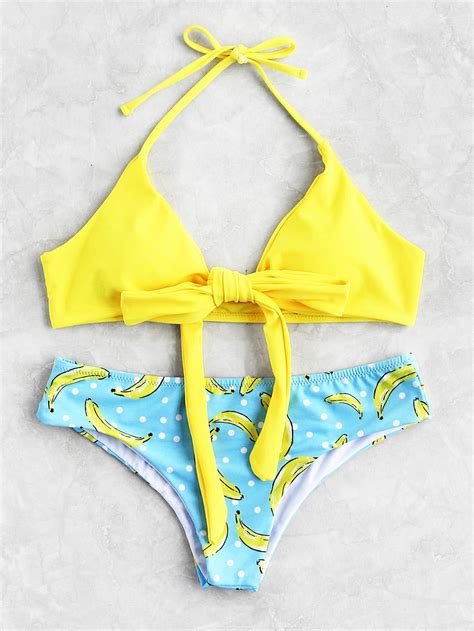 Banana And Polka Dot Print Self Tie Bikini Set Tie Bikini Set