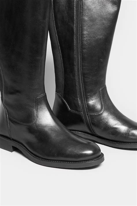 Black Elasticated Knee High Leather Boots In Wide E Fit And Extra Wide