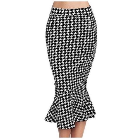 Womens Fashion Houndstooth Print Fishtail Hem Midi Pencil Skirt Length