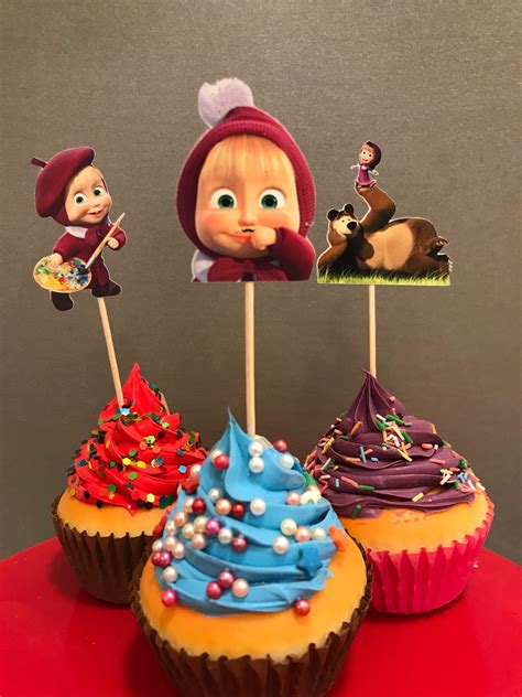 Masha Y El Oso Cupcake O Toppers De Pieza Central Etsy