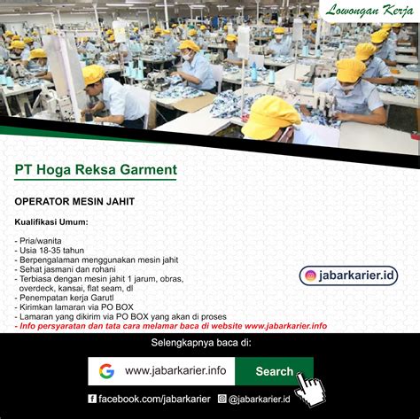 Semoga info lowongan kerja tersebut bermanfaat. Lowongan Operator Jahit PT Hoga Reksa Garment Garut ...