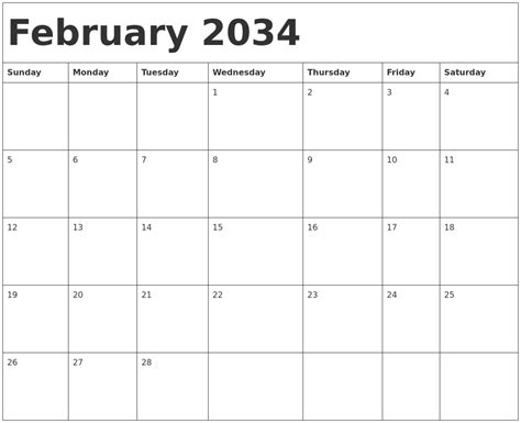 February 2034 Calendar Template