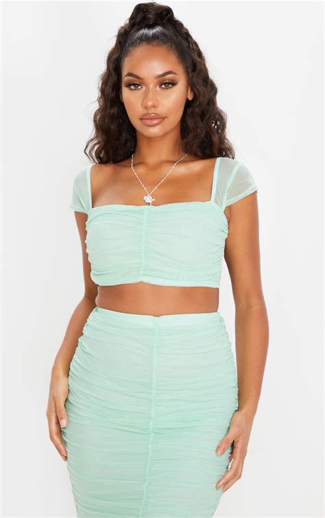 Mint Mesh Ruched Front Crop Top Co Ords Prettylittlething