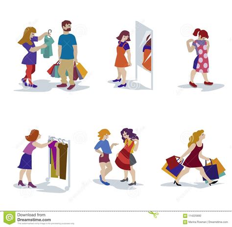 Vector Illustration Of People In Clothing Store Bei Try-on In Flat ...