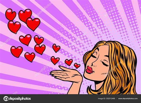 Woman Blowing Kiss Heart Comic Cartoon Pop Art Vector Retro Stock