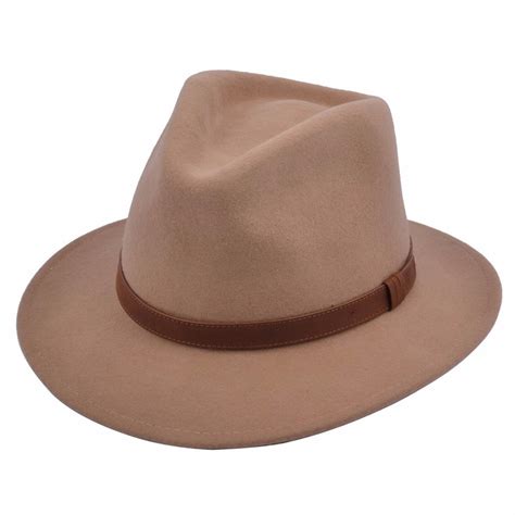 Gents Crushable Camel 100 Wool Felt Trilby Fedora Hat With Leather