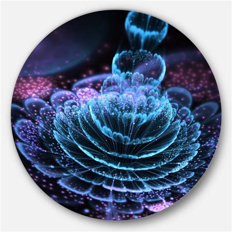 Designart Glossy Blue Purple Fractal Flower Floral Round Metal Wall