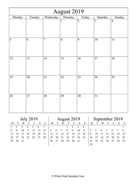 Editable Calendar August 2019 Portrait Layout