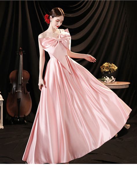 Pink Satin Prom Dress One Shoulder A Line Bowknot Long Formal Dress