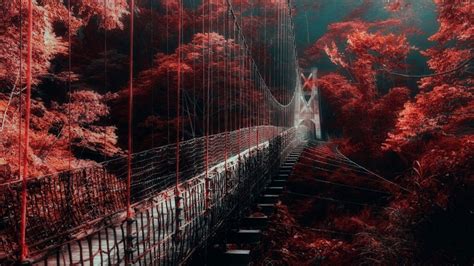 Bridge Between Red Autumn Trees Hd Dark Aesthetic