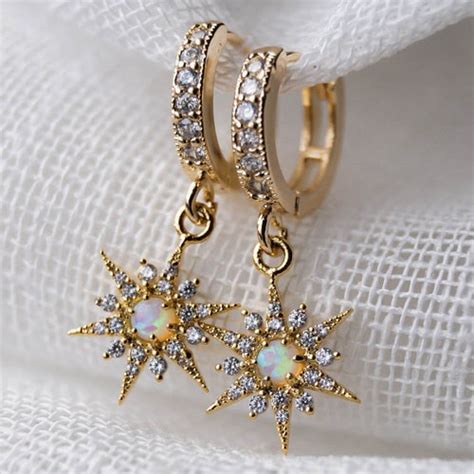 Opal Star Huggies Gold Huggies Tiny Hoop Earrings Dainty Etsy