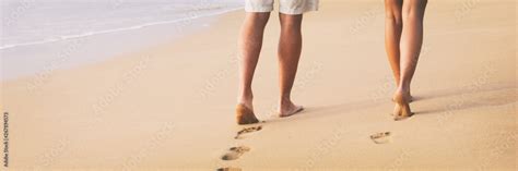 Beach Couple Walking Barefoot On Sand At Sunset Walk Honeymoon Travel