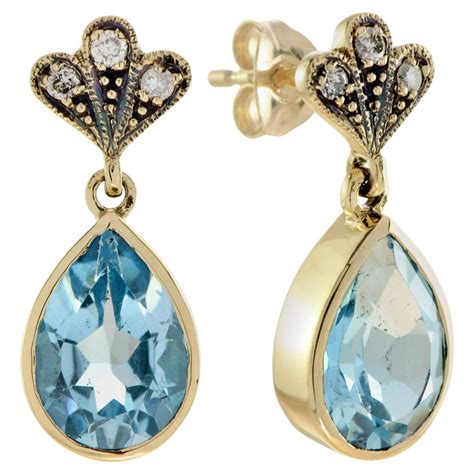 Marin Fleur London Blue Topaz And Pearl Drop Earrings In 9K Yellow Gold