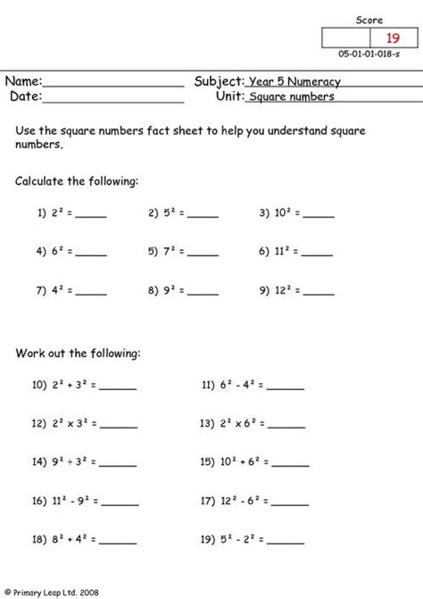 Numeracy Square Numbers Worksheet Uk