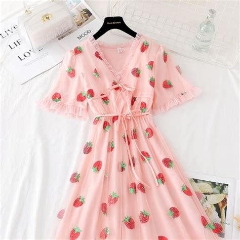Cute Strawberry Dress Women Strawberry Tulle Dress Puff Sleeve Etsy