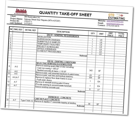Take Off Sheet Template Excel